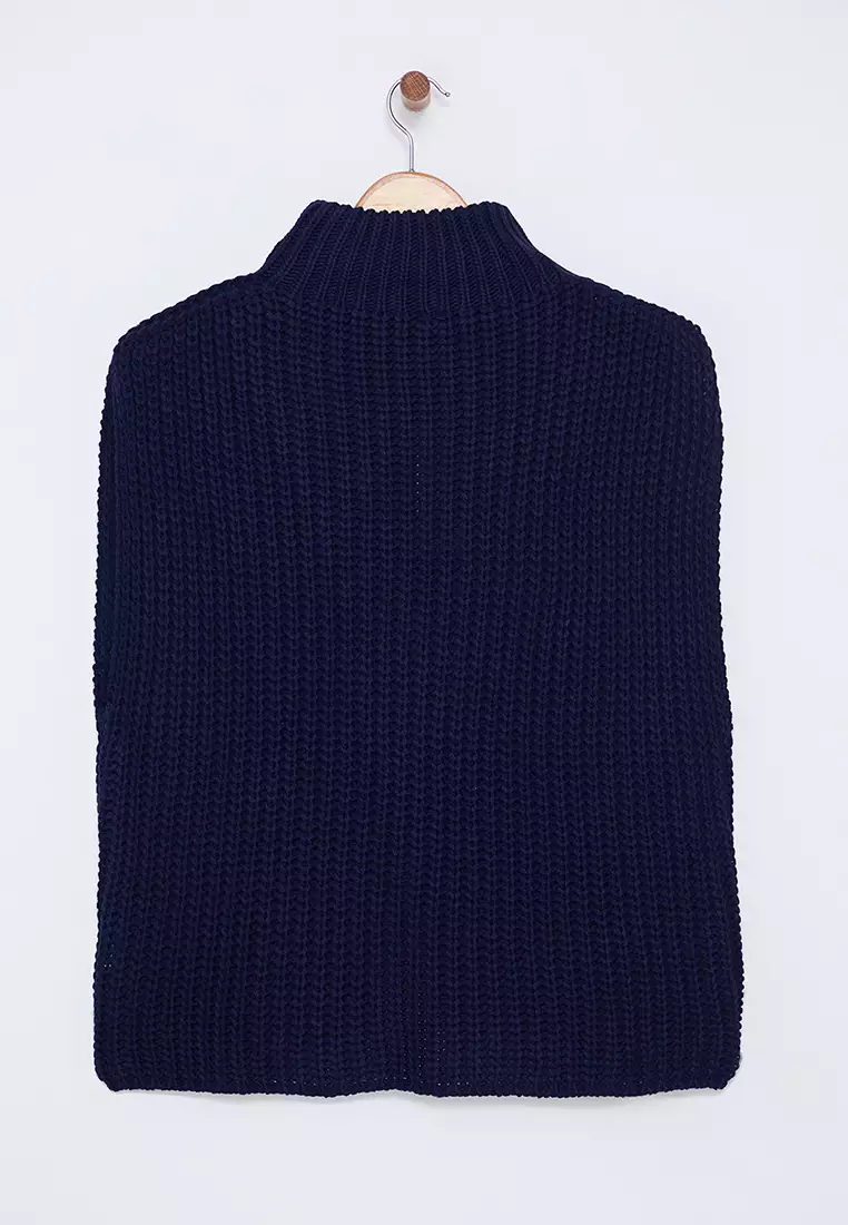 Navy Blue Stand Collar Slit Poncho TWOAW25PA00000