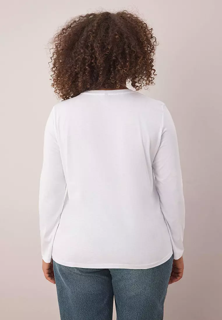 White 100% Cotton Long Sleeve Crew Neck Regular Basic Knitted Plus Size T-Shirt Tbbaw26Bf00000