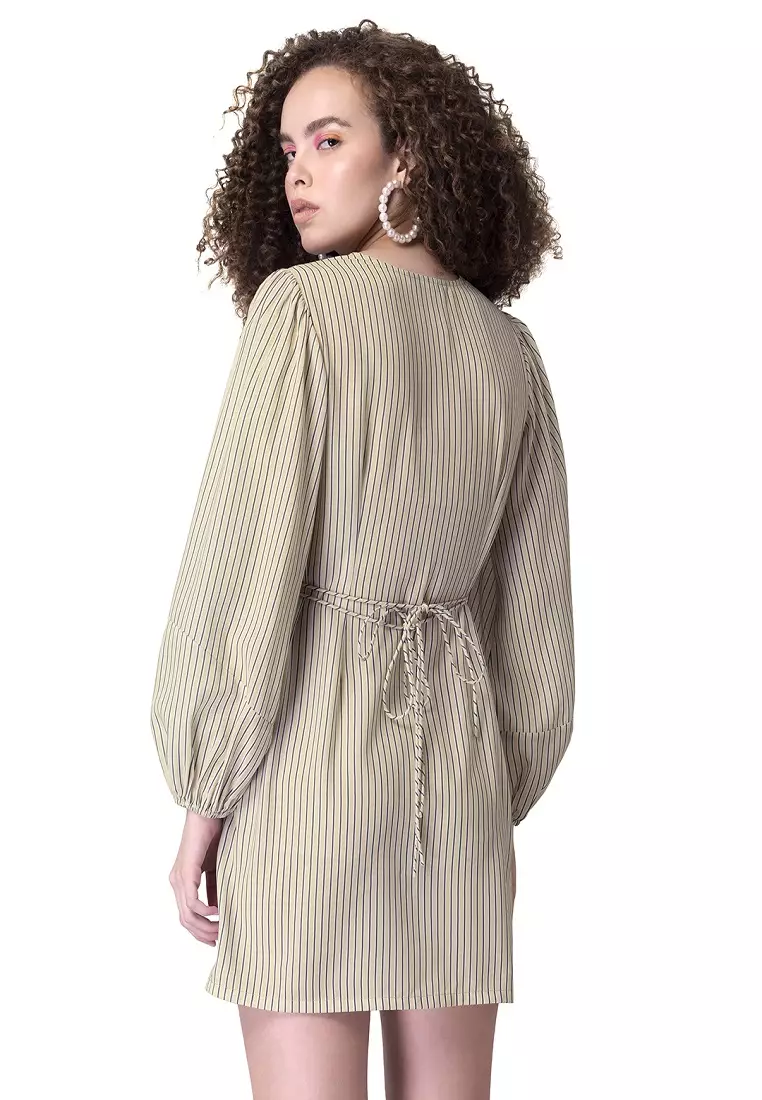 Beige Striped Ruched Self Tie Dress