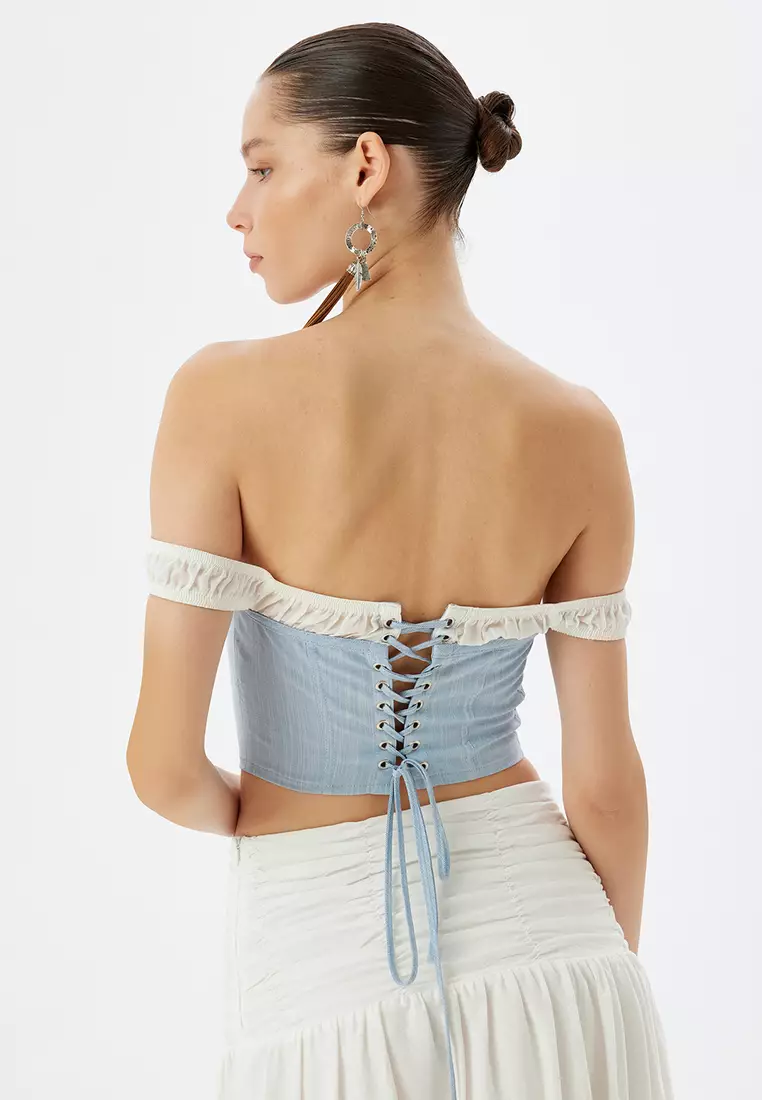 Off Shoulder Slim Fit Crop Blouse Buttoned Boat Neck