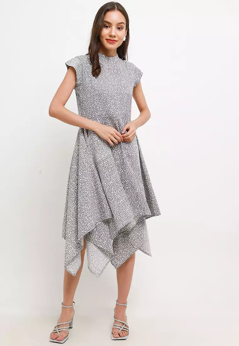 Ardalia Assymetrical Dress In Grey Print