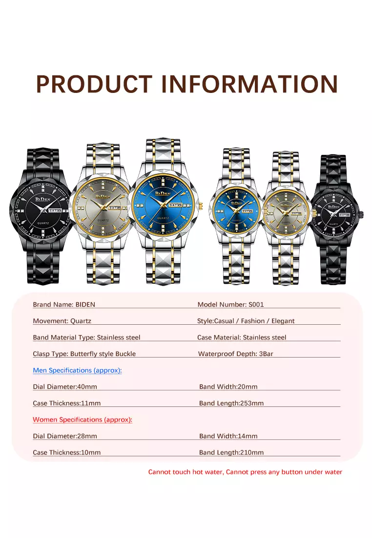 BIDEN Jam Tangan Couple Pasangan Anti Air Original Kalender Bercahaya Luminous Stainless Steel Analog Couple Watch abu-abu