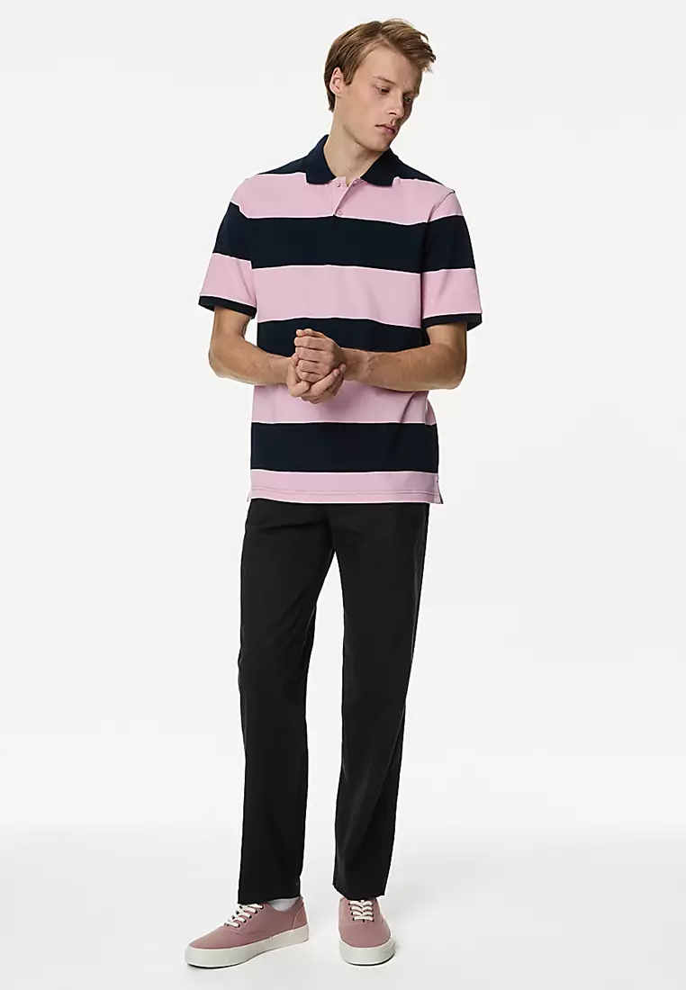 Pure Cotton Striped Pique Polo Shirt
