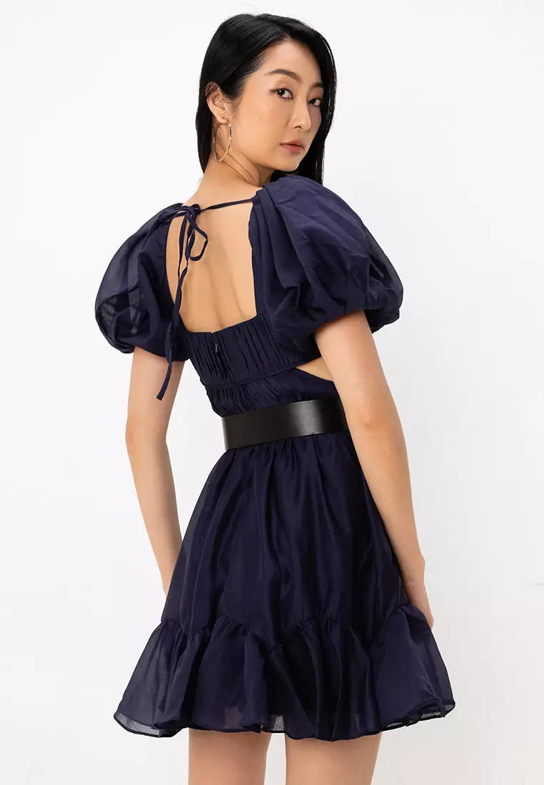 Voile Mini Dress With Pleated Bodice And PU Belt