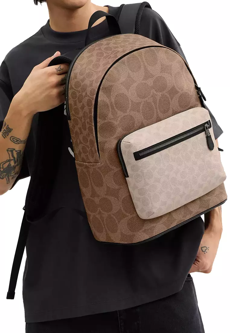 West Backpack Bag In Blocked Signature Canvas in Sand/ Tan CAB59