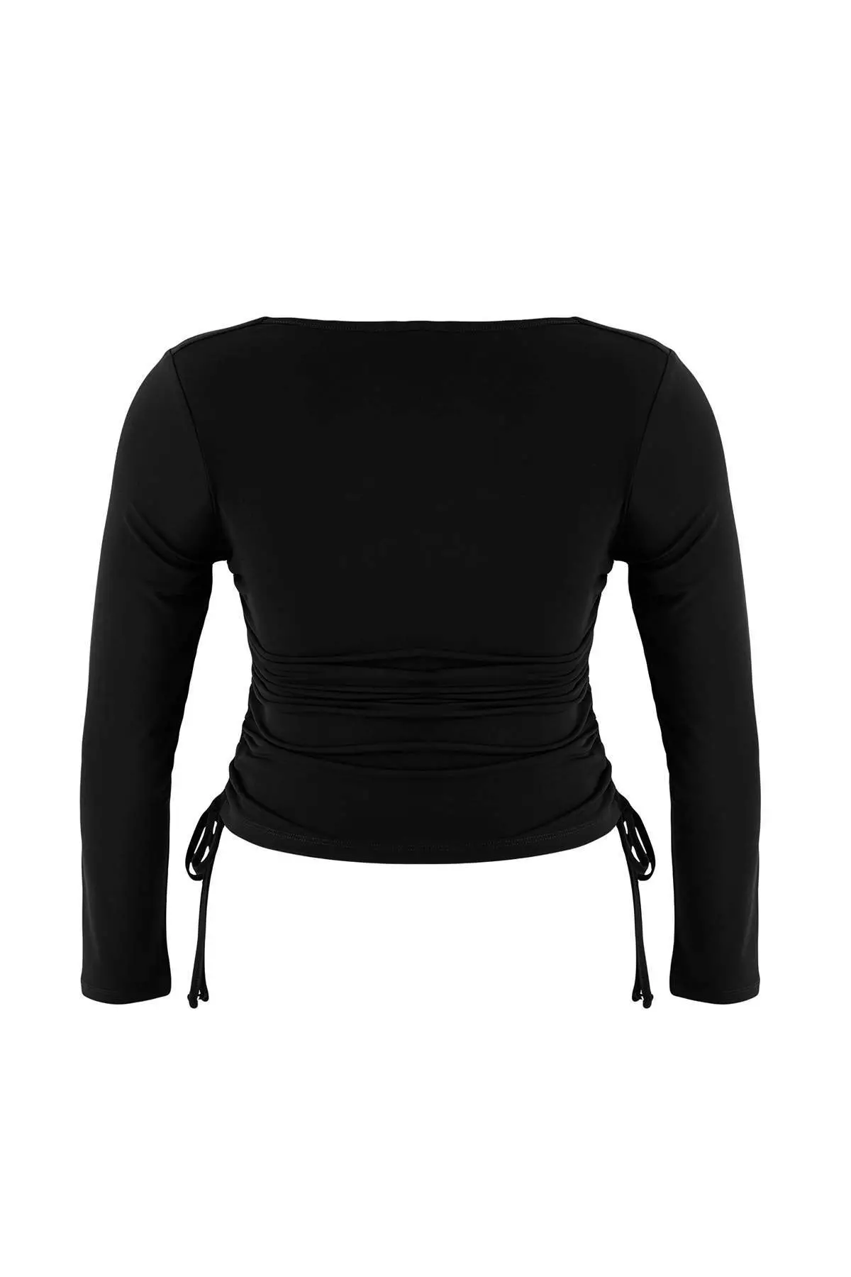 Black Square Neck Side Gathered Knitted Plus Size Blouse