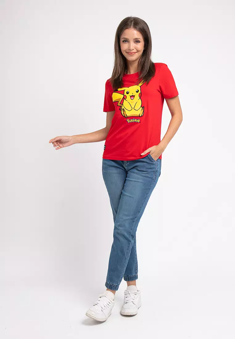 Forest X Pokemon Ladies Coral Fleece Textured Embroidered Pikachu Round Neck Tshirt Women - FP821000-51Red