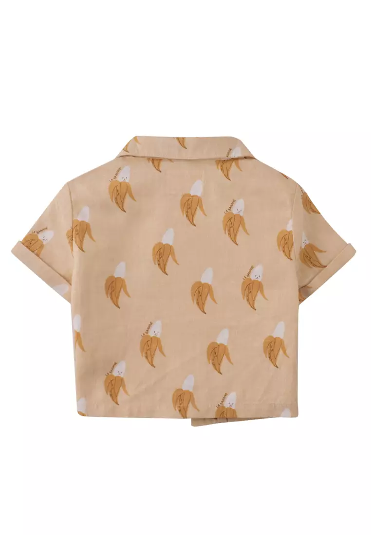Baby Ekko Linen Blend Panama Shirt With All-Over Cartoon Banana Print