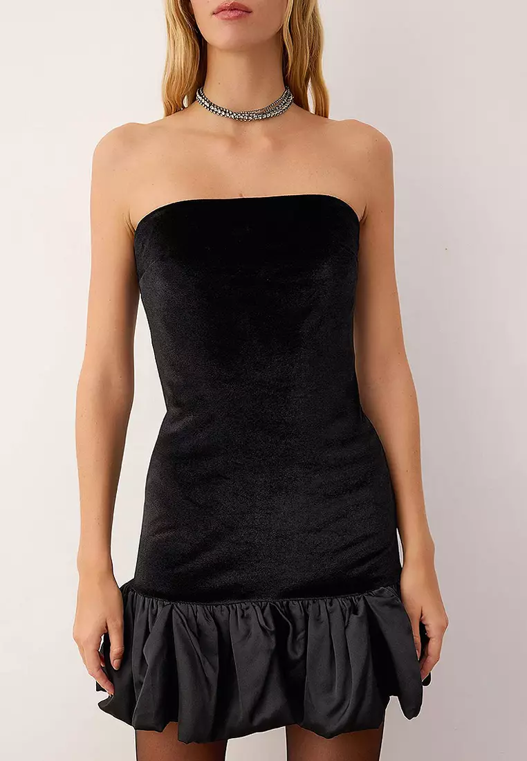 Velvet Ruffle Strapless Dress