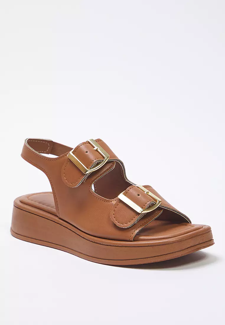 Women's Thick Sole Sandals - Takaw25Sd00000 (Tan Double Buckle)