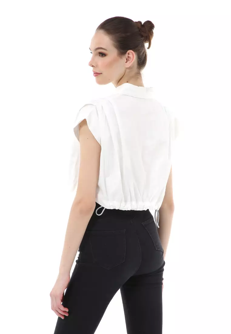 Brielle Atasan Wanita Model Serut Drawstring Top Lengan Pendek Material Cotton ORIGINAL - White