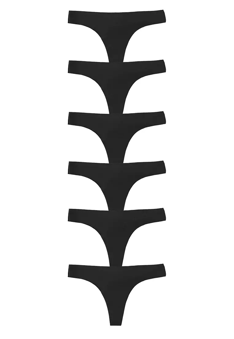 Black 6-Pack Micro Seamless/Non-Trace Laser Cut Thong Knitted Panties THMAW25KU00039