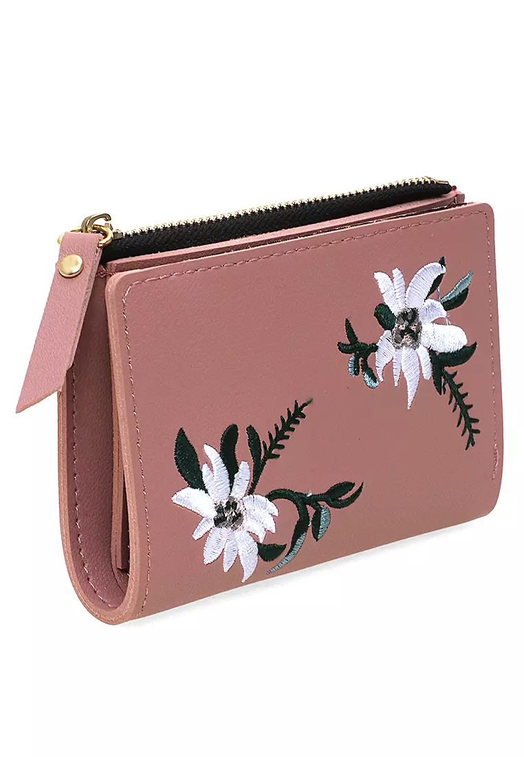 Fecesa Dompet Lipat Wanita Flower Wallet Many Slot Casual Material Kulit Leather ORIGINAL - Pink