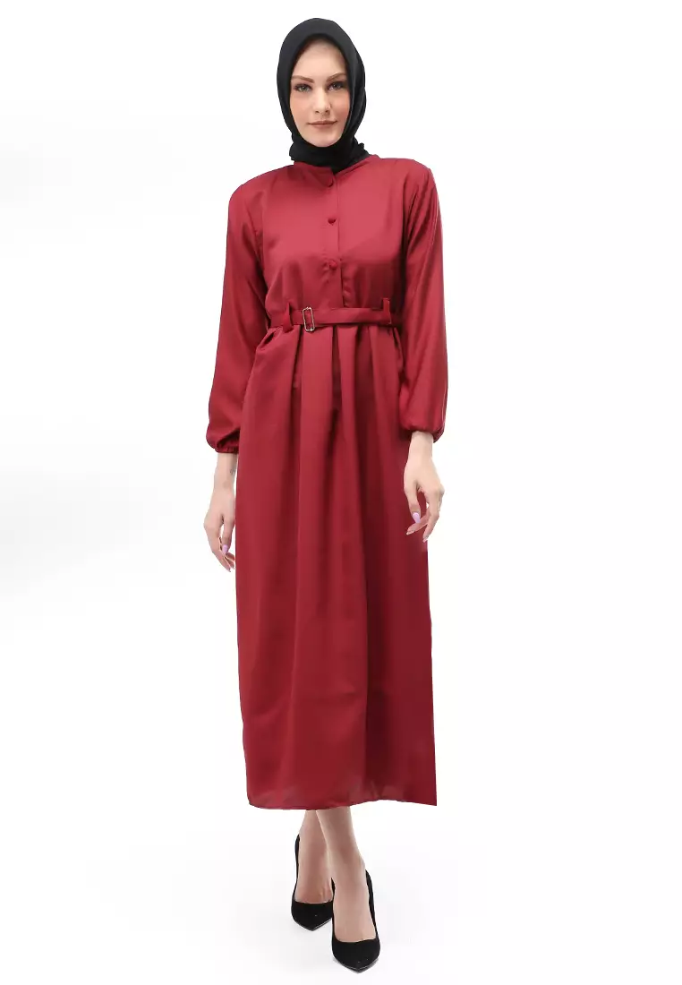 Berliana Gamis Muslimah Wanita With Belt Motif Polos Long Sleeve Relaxed Fit - Maroon
