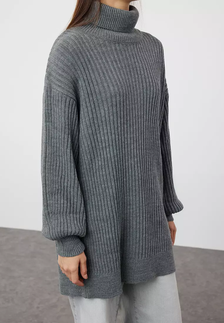 Anthracite Ribbed Basic Knitwear Sweater Tctaw25Ak00009