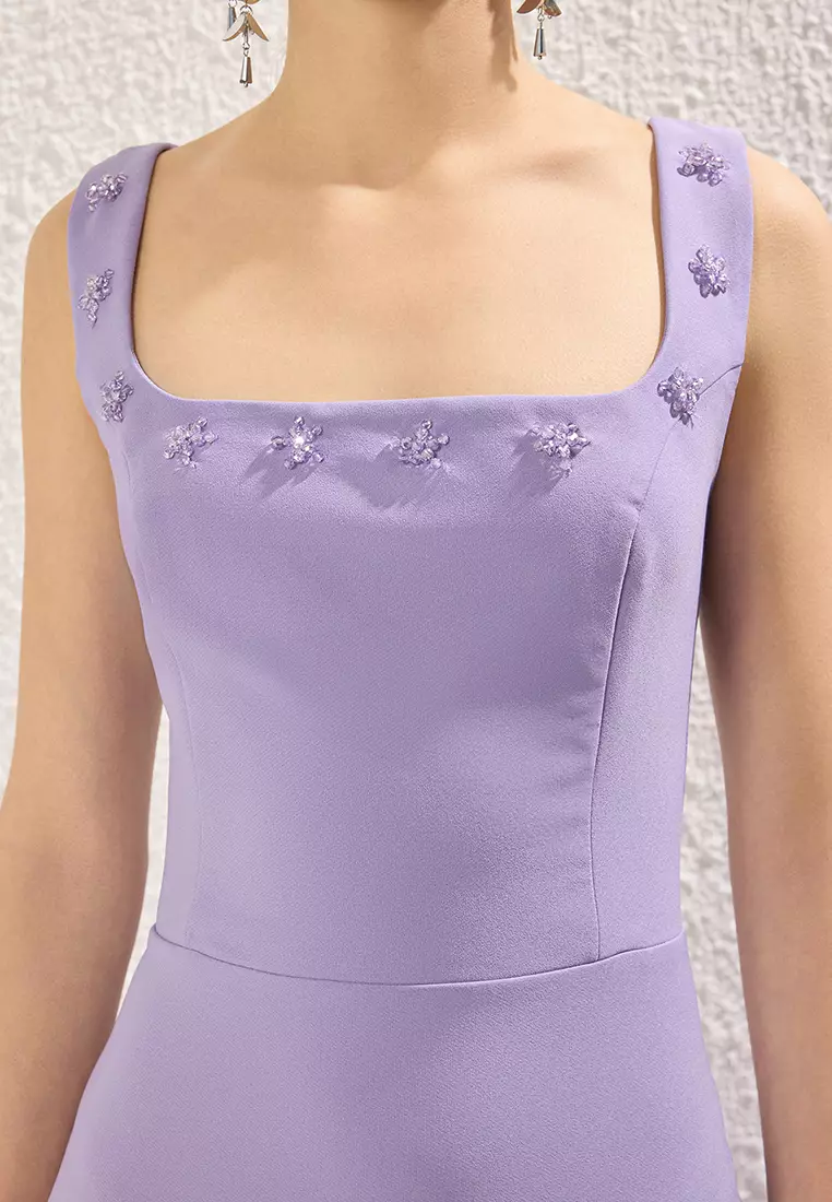 Lilac A-Cut Stone Accessory Detailed Woven Midi Chic Evening Night Graduation Dress TPRSS25EL00173
