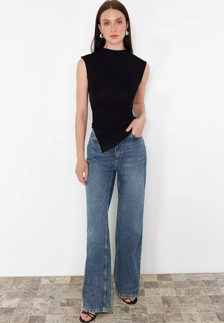 Black Stand Collar Gather/Drape Detailed Fitted/Asymmetrical Knitted Blouse TWOSS24BZ00534