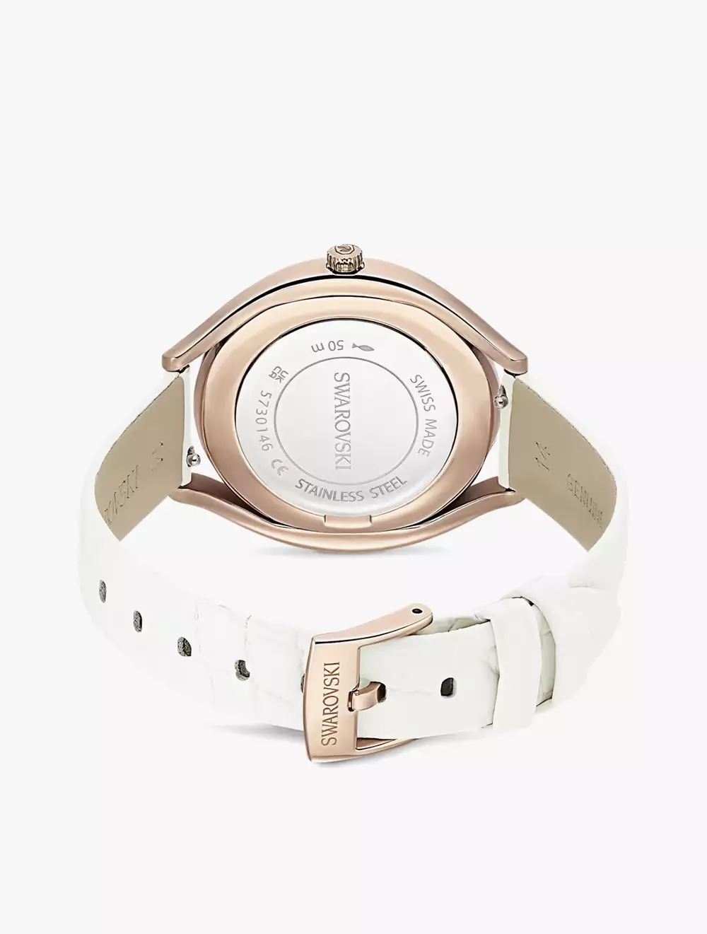 Crystalline aura watch, Swiss Made, Leather strap, White, Rose gold-tone finish