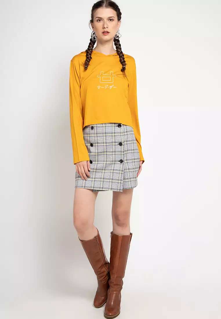 LTC29 Crop Top Hoodie Logo Outline Kuning Mustard Lengan Panjang