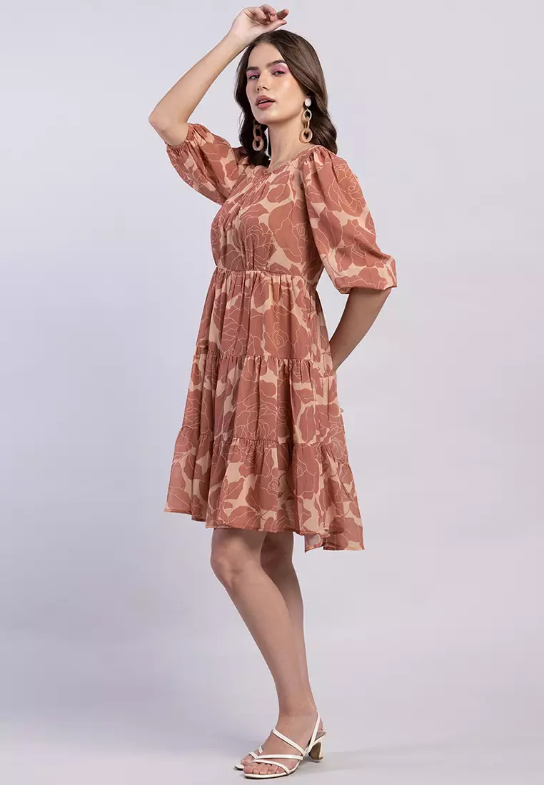 Orange Smocked Cuff Tiered Mini Dress