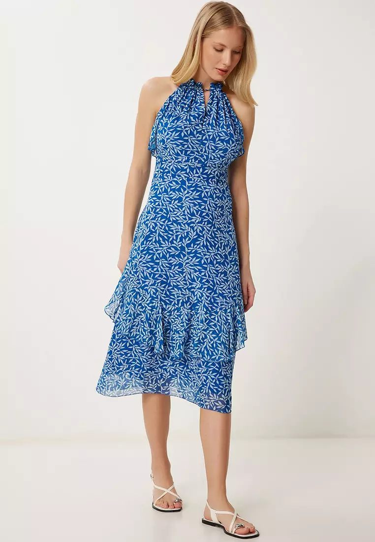 Women Dark Blue Patterned Flounced Summer Chiffon Dress Fg00025