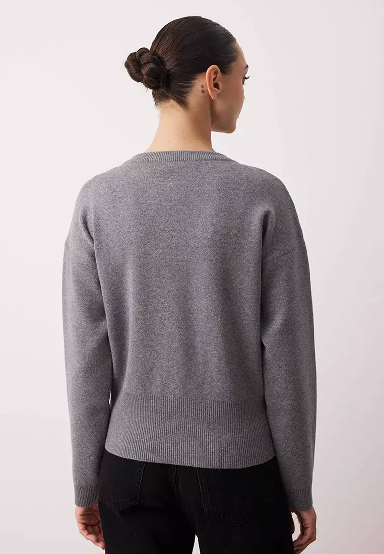 Anthracite 2 Piece Premium Yarn/Special Yarn Crew Neck Basic Knitwear Cardigan Blouse Set
