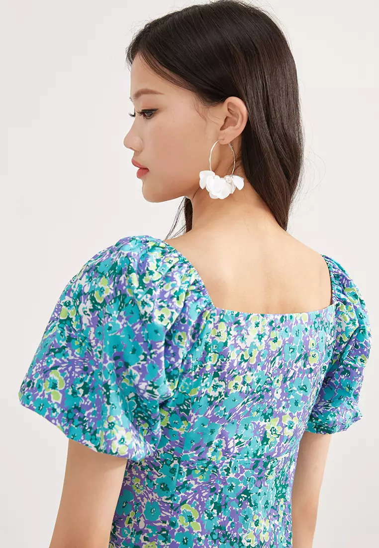 Square Neck Floral Button Mini Dress