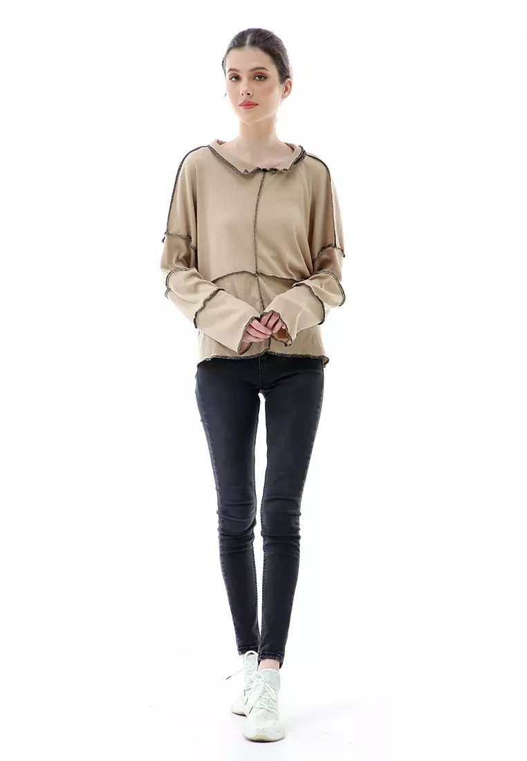 Veronica Blouse Terbalik Relaxed Motif Polos Long Sleeve Premium Quality - Cream