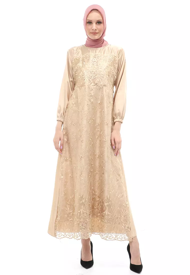 Monita Gamis Brokat Tile Wanita Muslimah Regular Fit - Mocca