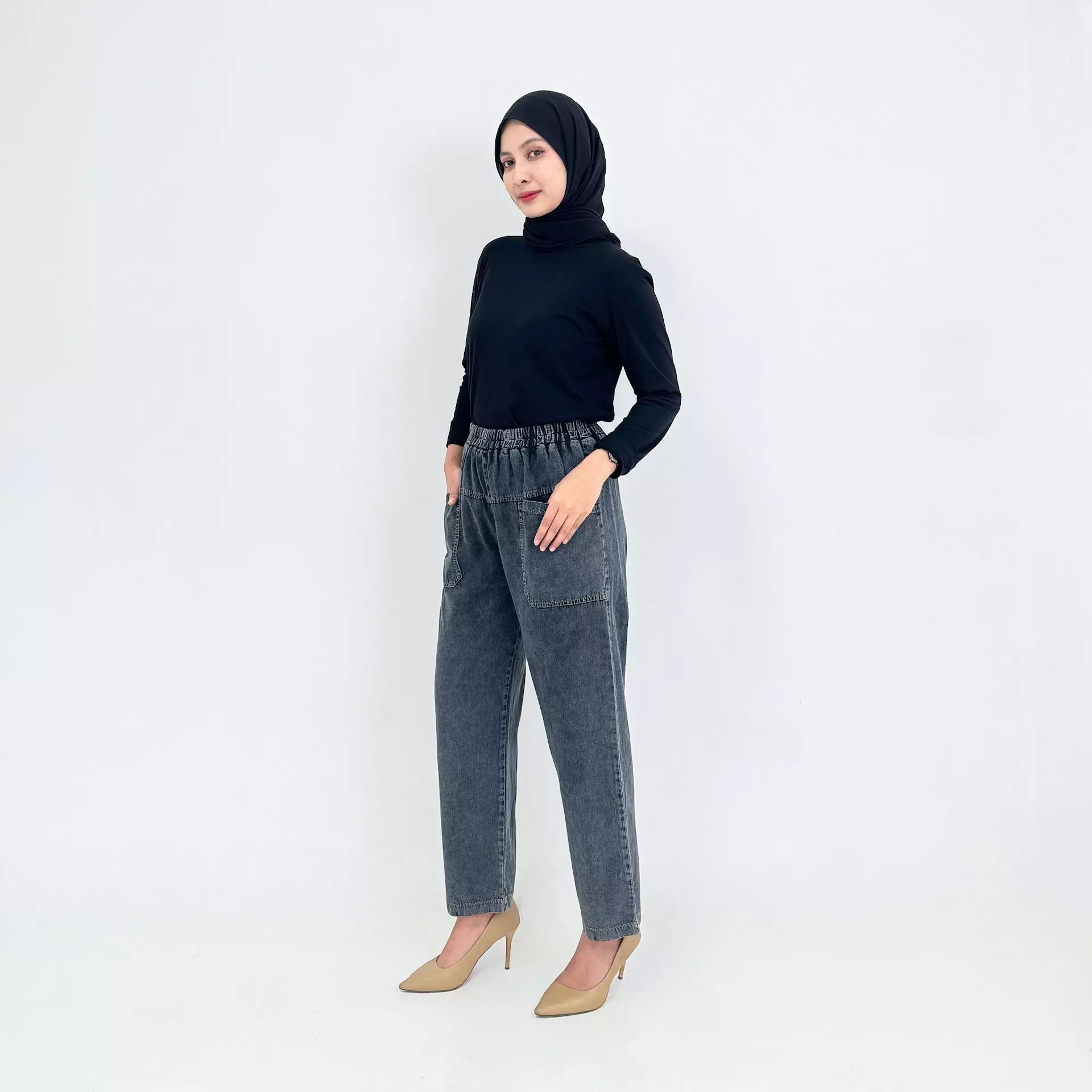 Ina Baggy Denim Pants SNOW BLACK Celana Panjang Soft Jeans Wanita 
