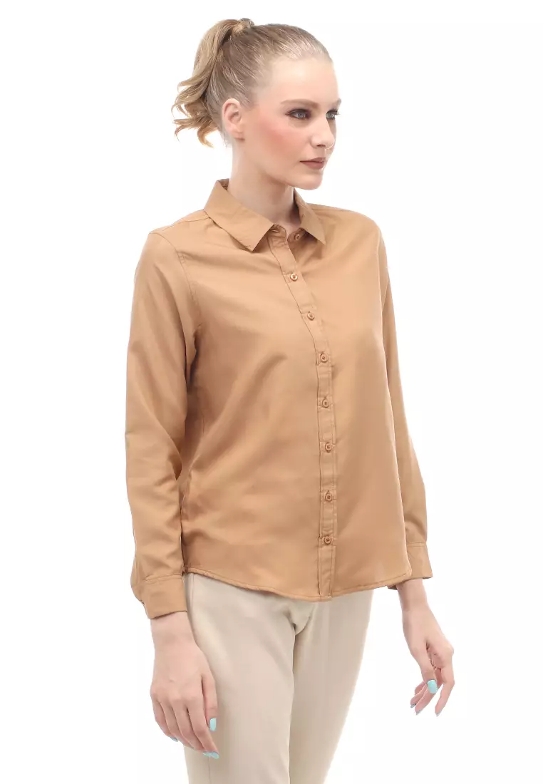 Kemeja Long Sleeves Atasan Wanita Motif Solid Shirt - Brown