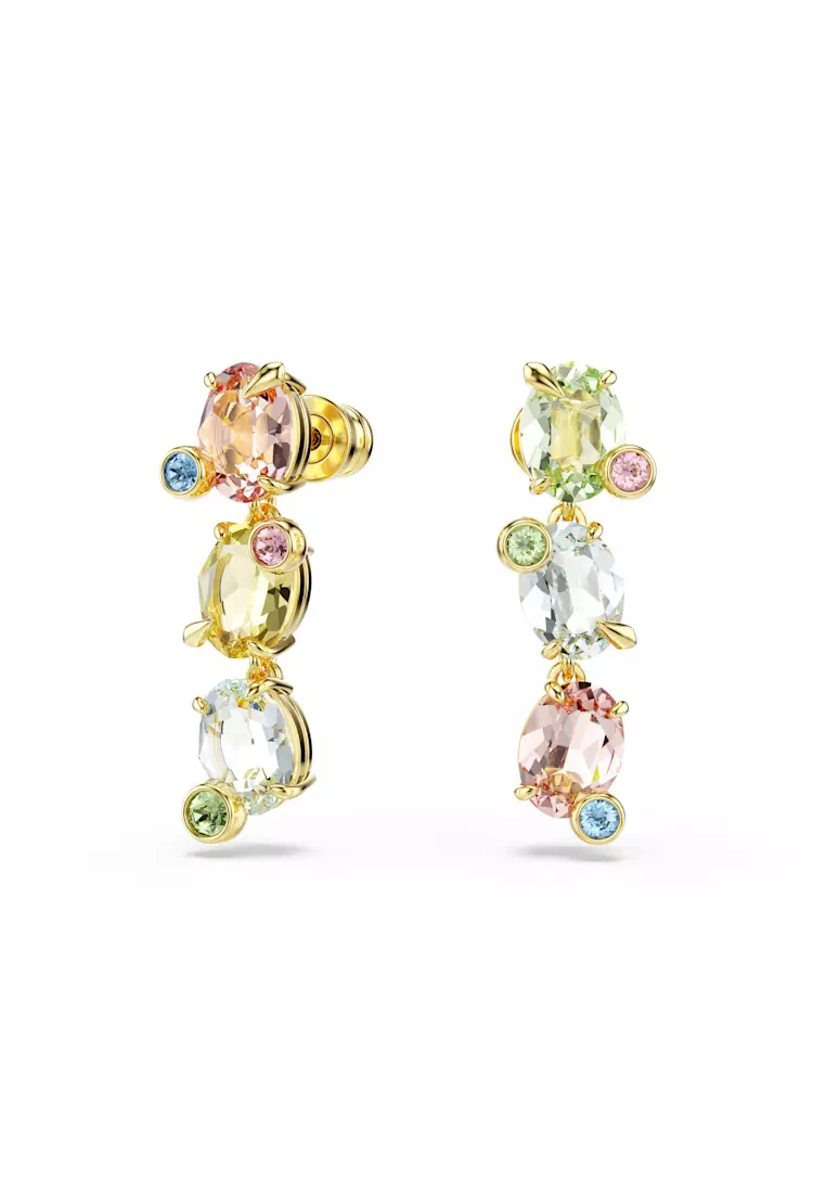 Gema drop earrings, Asymmetrical design, Mixed cuts, Multicolored, Gold-tone plated