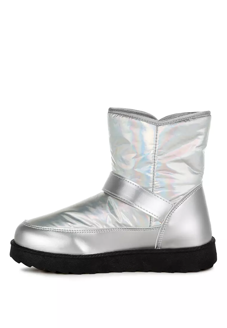 Buckle Strap Puffy Ankle Boots in Silver