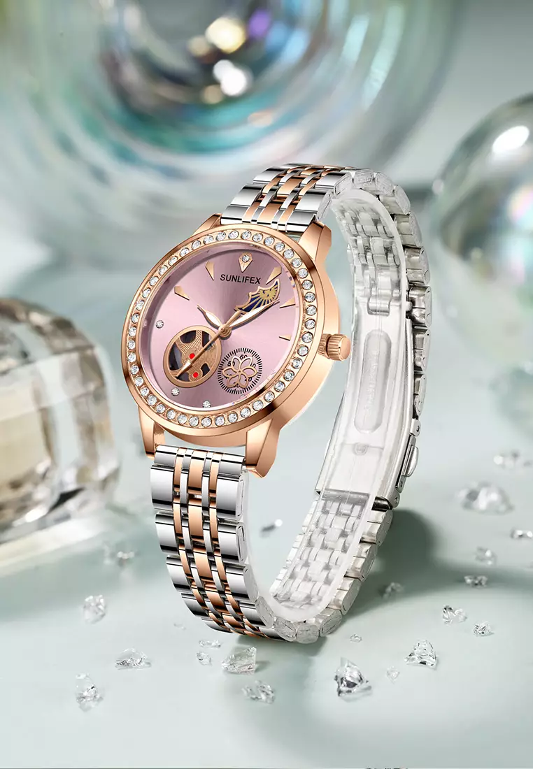 Jam Tangan Wanita E055 Korea Mewah Kuarsa Bercahaya Tali Paduan Jam Tangan Cewek Original pink