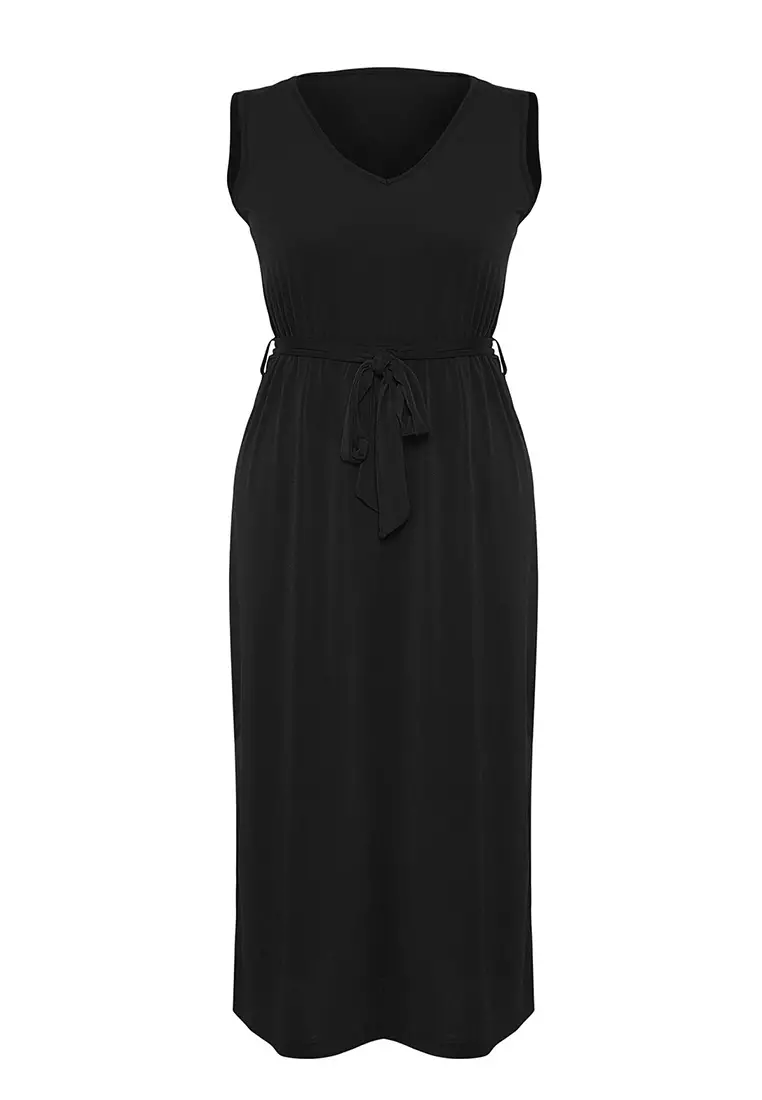 Black Tie Detail Midi V Neck Stretchy Knit Dress Tbbss25Ah00015