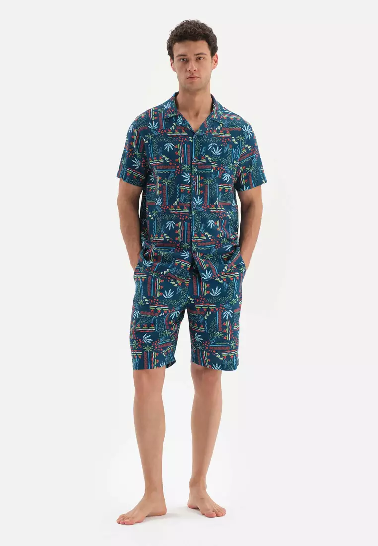 Navy Shirt Shorts Woven Set, Tropic Printed, Shirt Collar, Regular, Short  Leg, Short Sleeve Sleepwear for Men