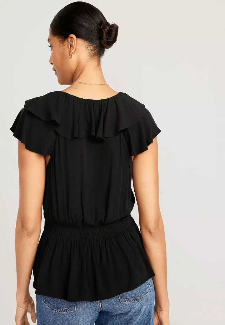 Waist-Defined Sleeveless Ruffle-Trim Top For Women