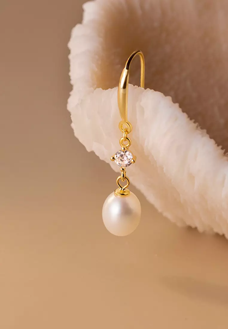 925 Silver Plated Gold Zircon Drop Freshwater Pearl Earrings JW AR-G9857