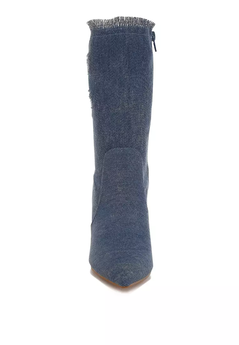 Sepatu Bot Denim Mid-Calf yang Rusak dari Denim