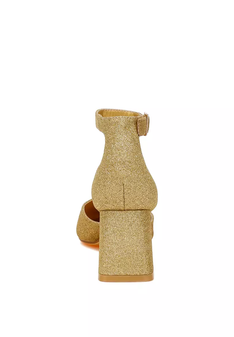Glitter Block Heel Sandals in Gold