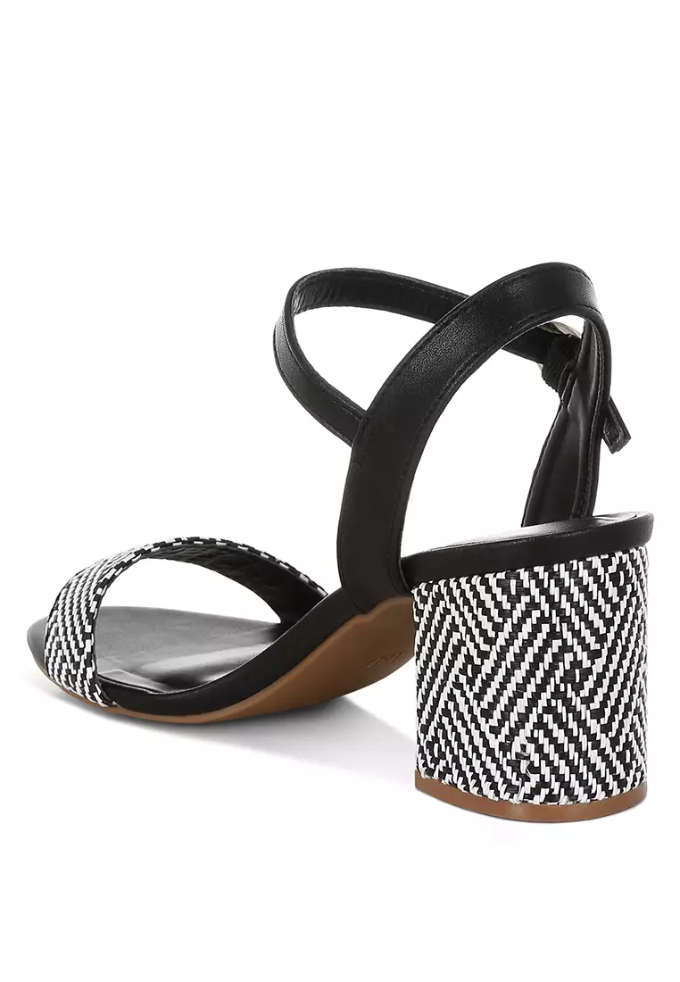 Raffia Pin Buckle Block Heels In Black