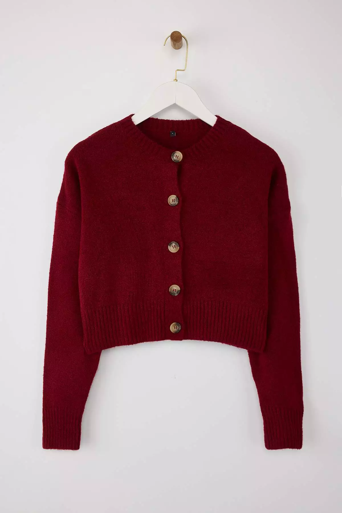 Burgundy Crop Soft Textured Button Knitwear Cardigan