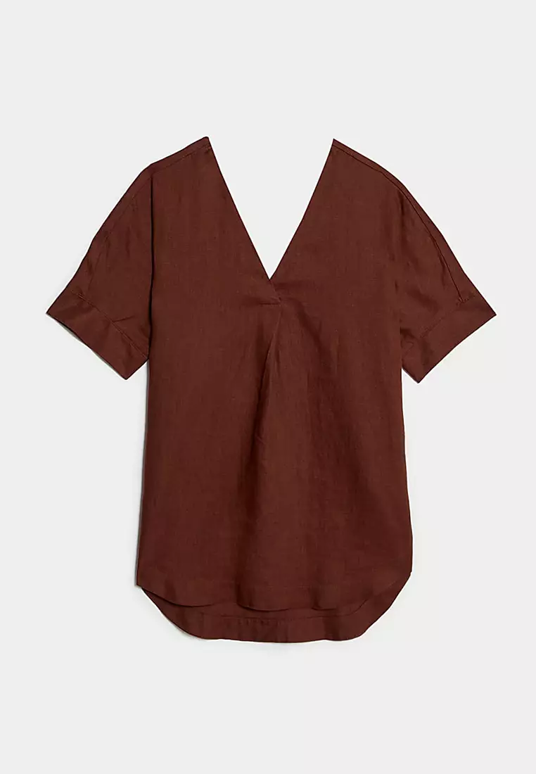 Pure Linen V-Neck Relaxed Popover Blouse