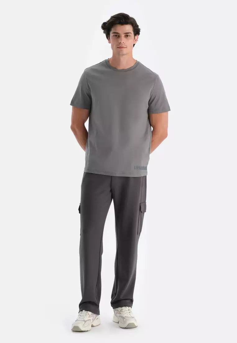 Grey T-Shirt, Slogan Patterned, Crew Neck, Regular Fit, Activewear for Men