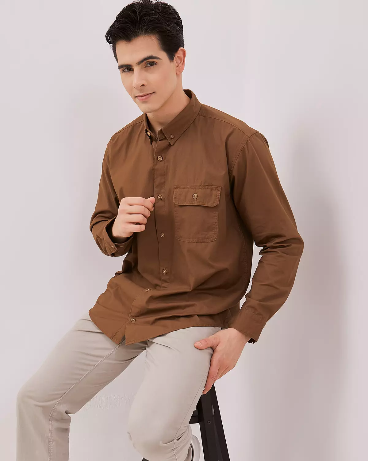 MEN'S DARK BROWN LONG SLEEVED SHIRT