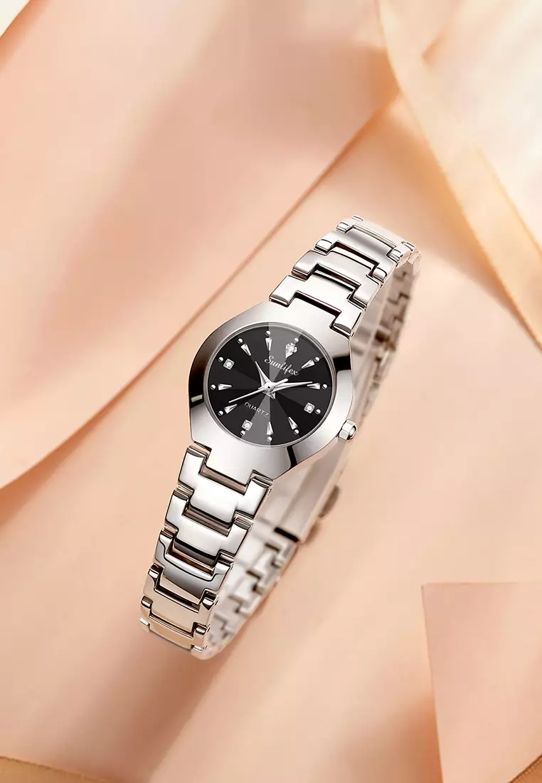 9090 Jam Tangan Wanita Original Berlian Anti Air Kuarsa Bisnis Santai Wanita Jam Tangan Cewek (Kotak Gratis) silver black