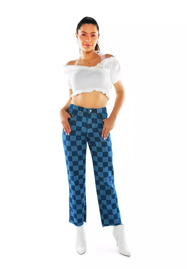 Blue Wide Leg Checkered Jeans Pants