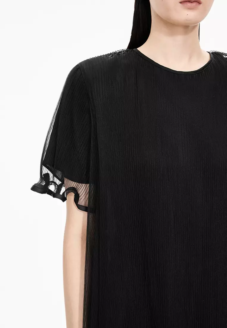 【轻礼服】混纺网纱A型压褶短袖连衣裙