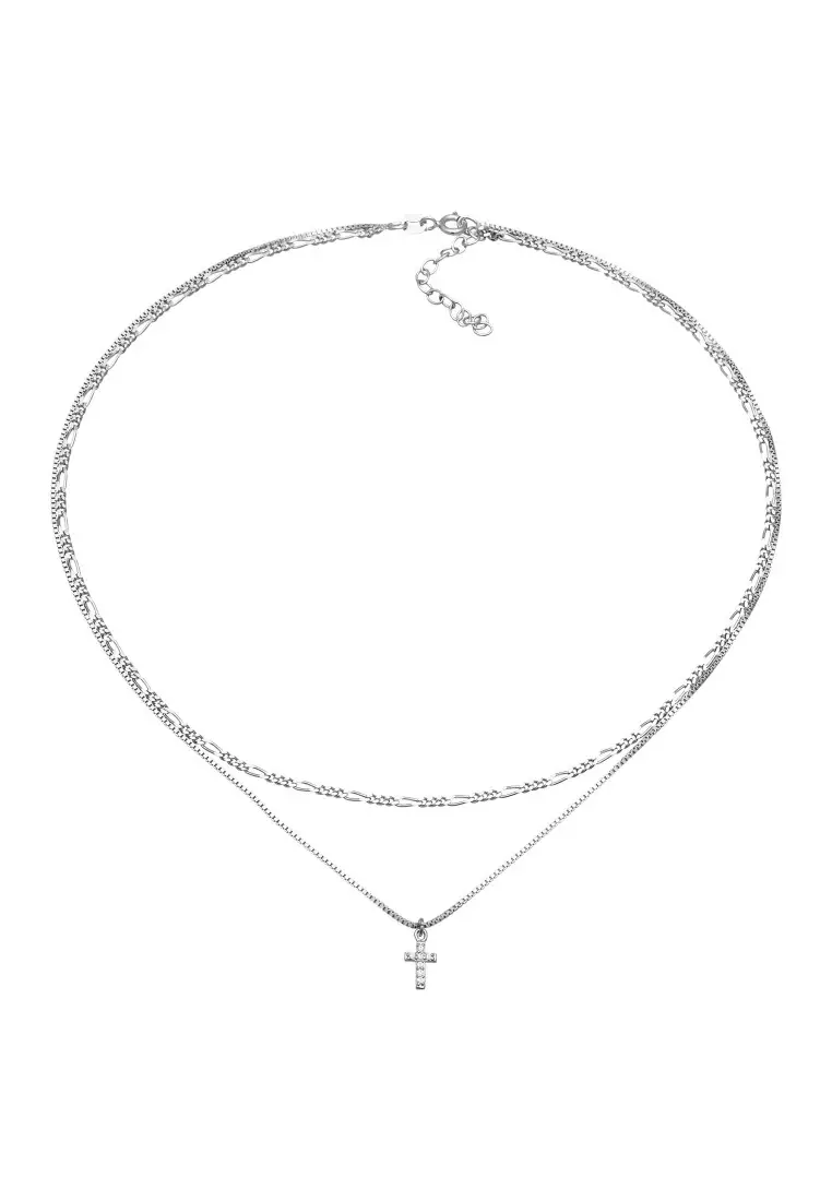 Kalung Perhiasan Perak 925 Wanita Choker Layer Cross Filigree Zirconia