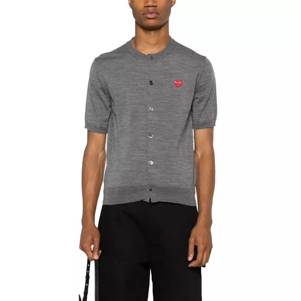 Play Red Heart Logo Short Wool Cardigan Grey
